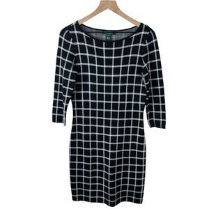 Lauren Ralph Lauren‎ Womens Black White Check 3/4 Sleeve Sweater Dress M Petite